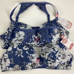 Cacique Polyamide No Wire Uplift Racerback Plunge Bra Size 36A Blue Floral NWT